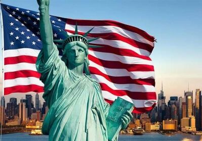 Rendered image of Statue of Liberty in front of a waving American flag and the New York City skyline - renouncement of citizenship in the United States