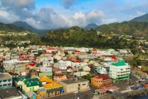 aerial view of buildings and mounts of dominica capital city Roseau