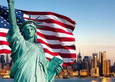 Rendered image of Status of Liberty with the American flag behind it and the New York city skyline in the background - where are Americans moving to